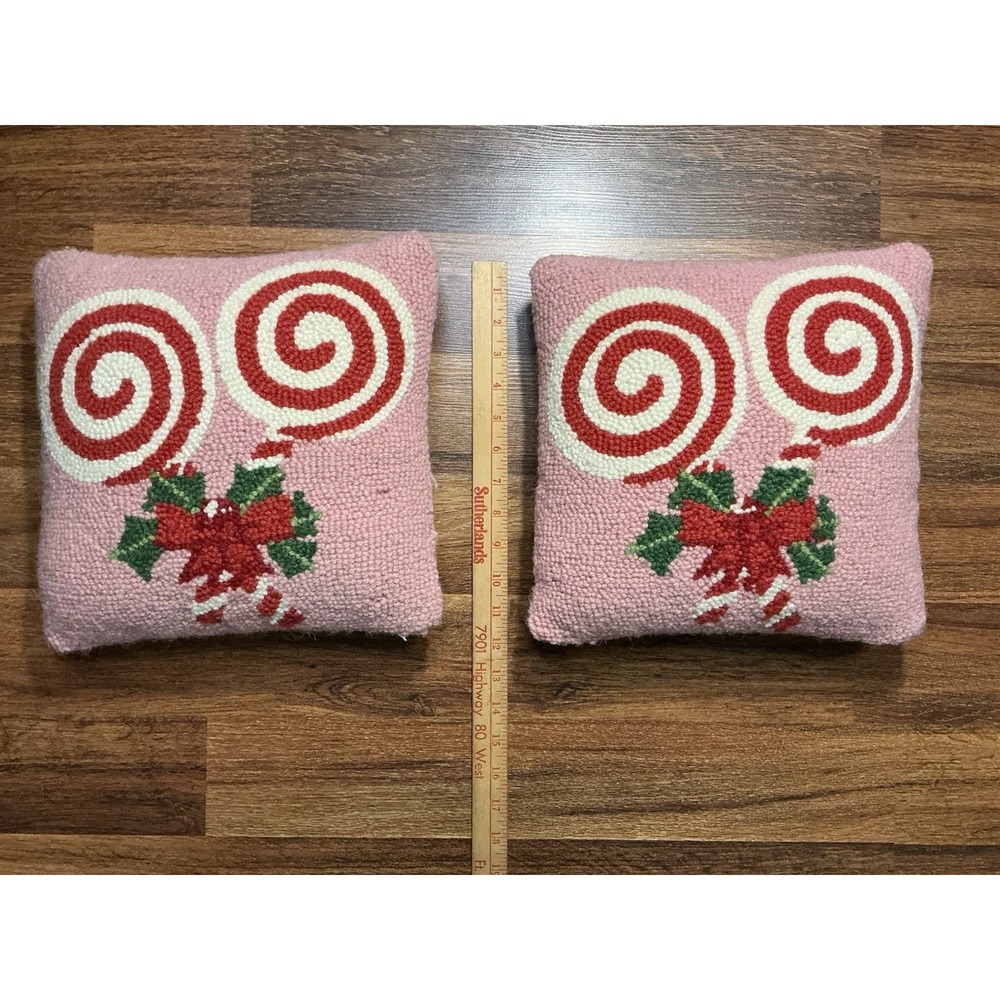 Pair Hooked Wool Throw Pillows Peppermint Lollipops Pink Red Christmas 12" X 12"